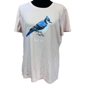 Hand Printed Upcycled Womens XL Blue Jay Bird Short Sleeve Crew Neck Tee